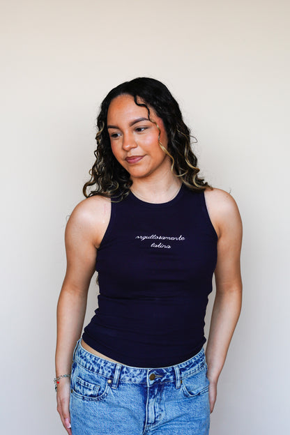 'Orgullosamente Latina' Embroidered Navy Baby Rib Tank Top