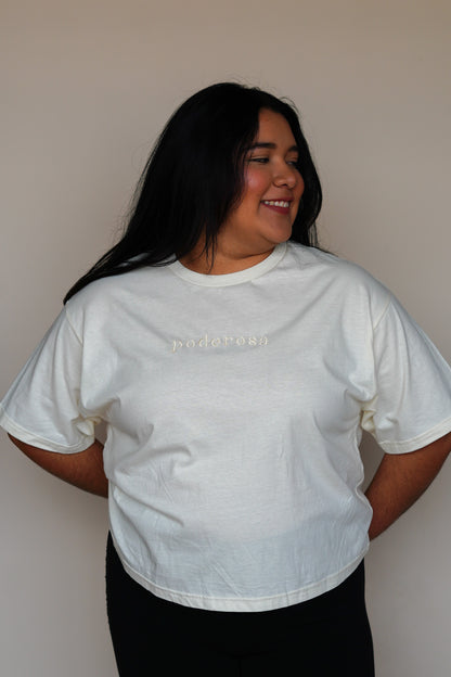 'Poderosa' Embroidered Ivory Boxy Crop Top