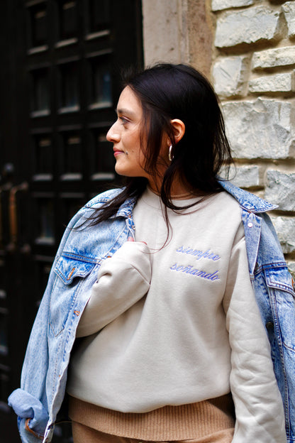 'Siempre Soñando' Embroidered Light Cream Crewneck