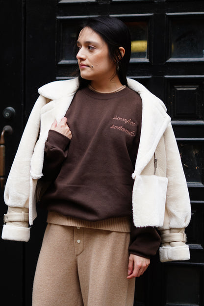 'Siempre Soñando' Embroidered Brown Crewneck