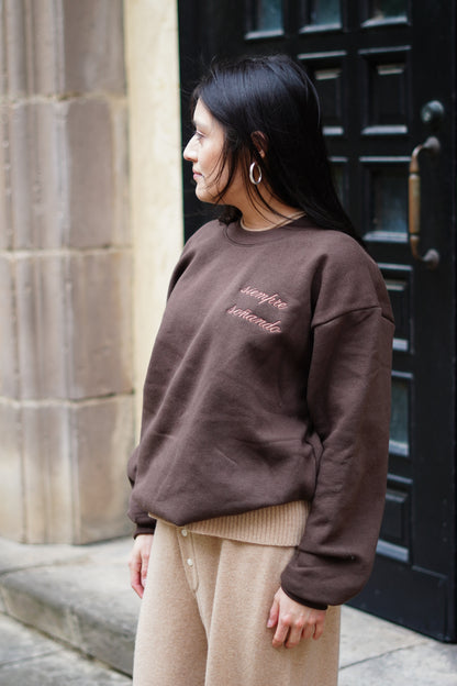 'Siempre Soñando' Embroidered Brown Crewneck