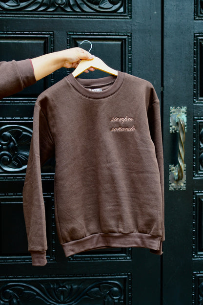 'Siempre Soñando' Embroidered Brown Crewneck