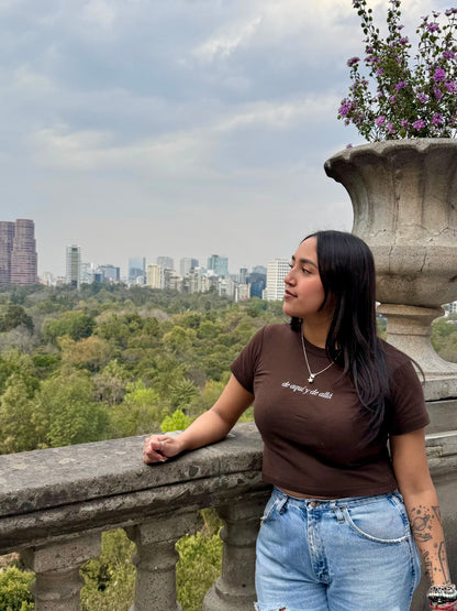 'De Aquí y De Allá' Embroidered Brown Rib Baby Tee