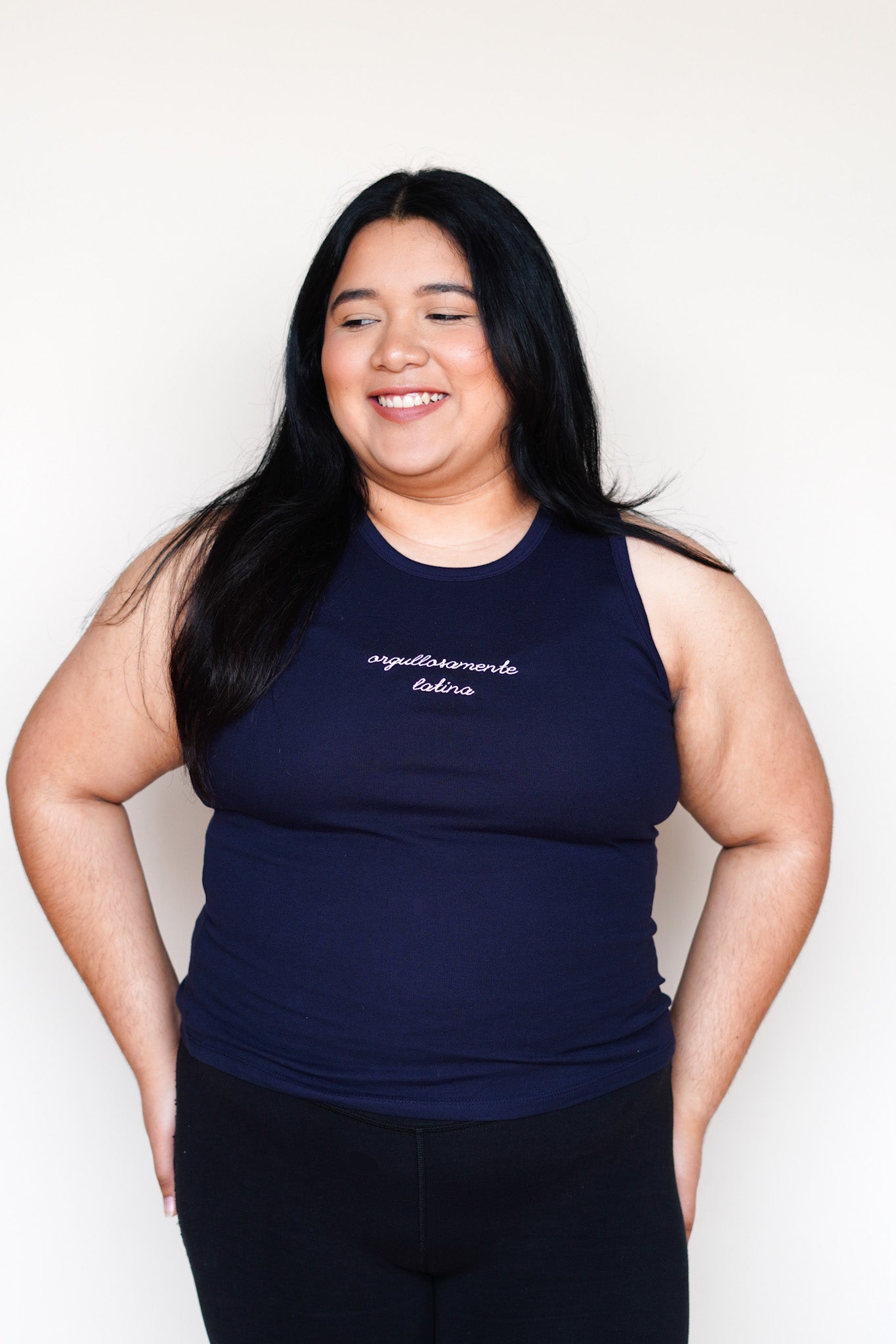'Orgullosamente Latina' Embroidered Navy Baby Rib Tank Top