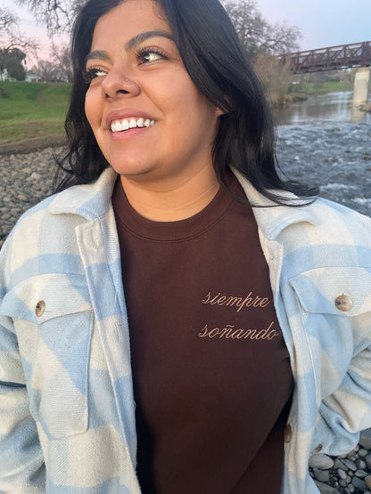 'Siempre Soñando' Embroidered Brown Crewneck
