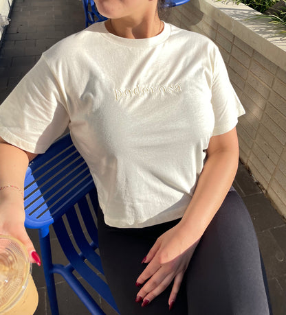 'Poderosa' Embroidered Ivory Boxy Crop Top